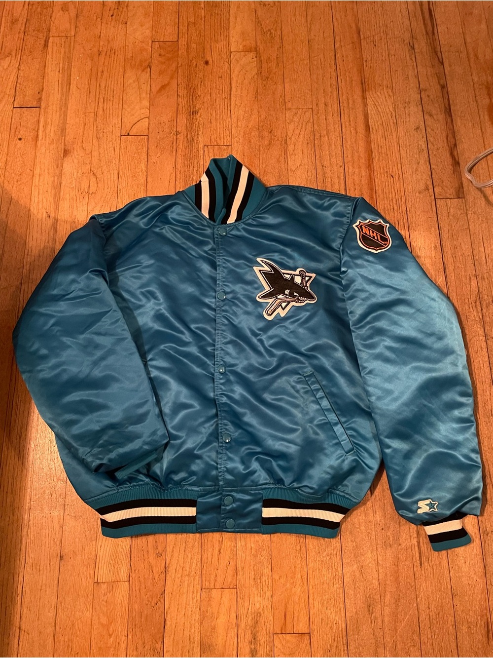 STARTER Teal Satin Bomber Jacket with NHL Patches